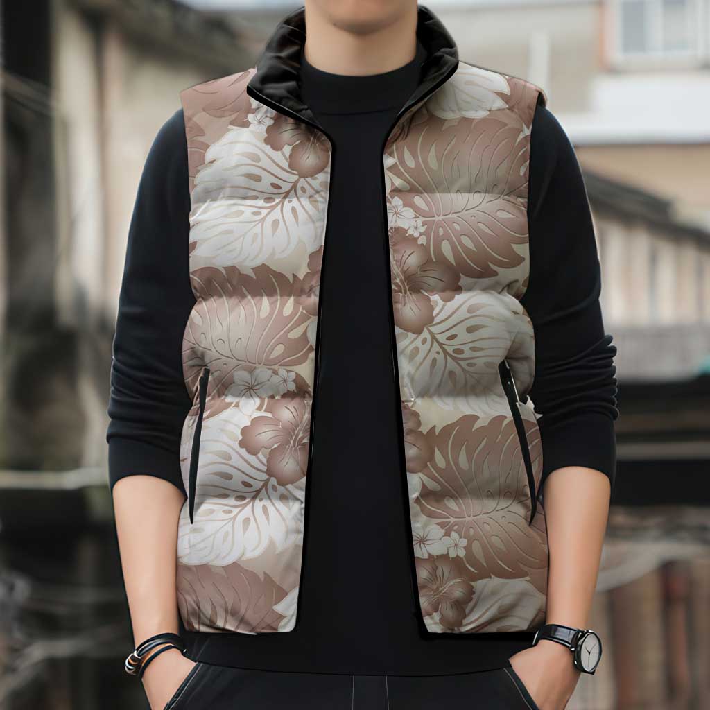 Mocha Mousse Aloha Hawaii Sleeveless Puffer Jacket Monstera Hibiscus Plumeria Seamless Vibes - Polynesian Pride