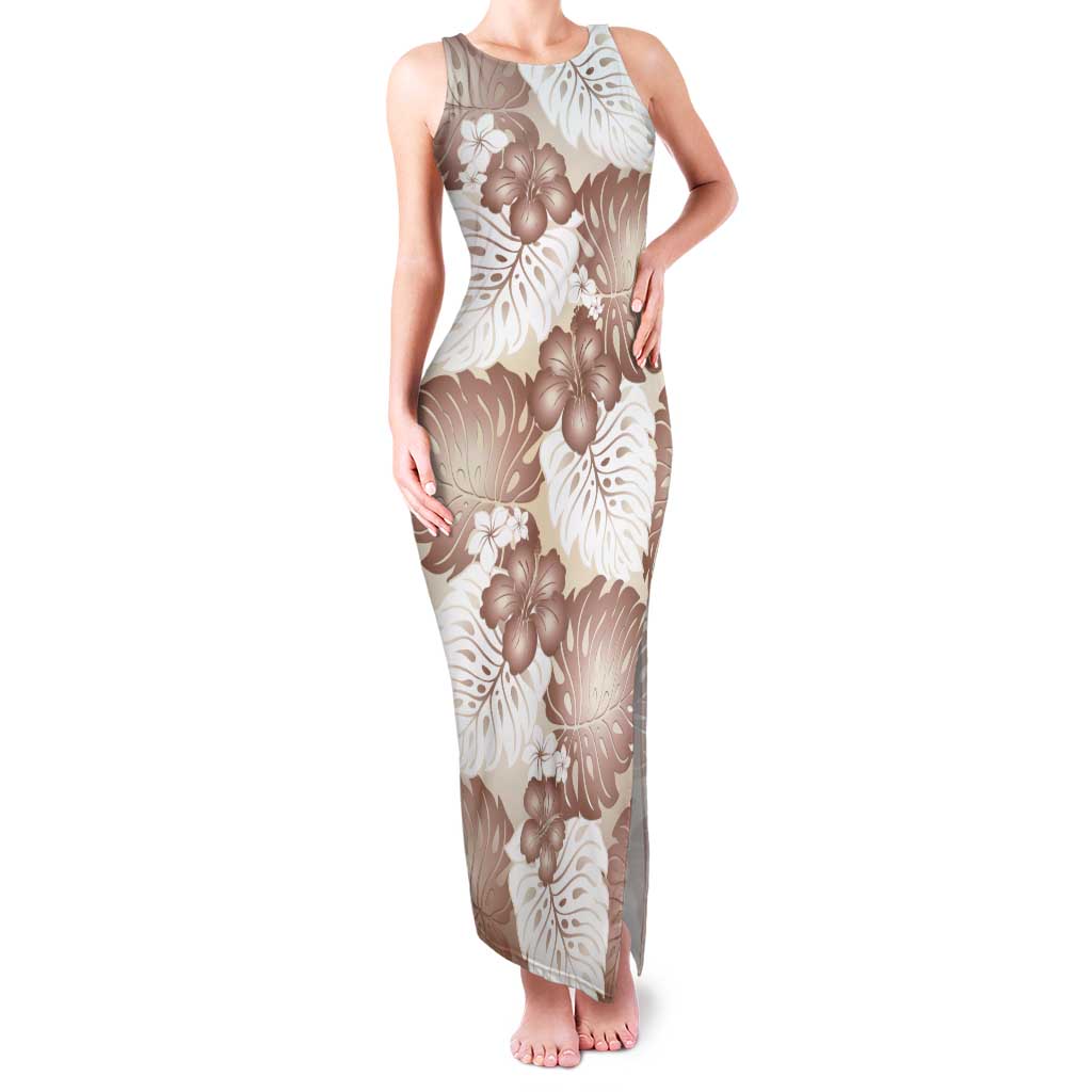 Mocha Mousse Aloha Hawaii Tank Maxi Dress Monstera Hibiscus Plumeria Seamless Vibes - Polynesian Pride