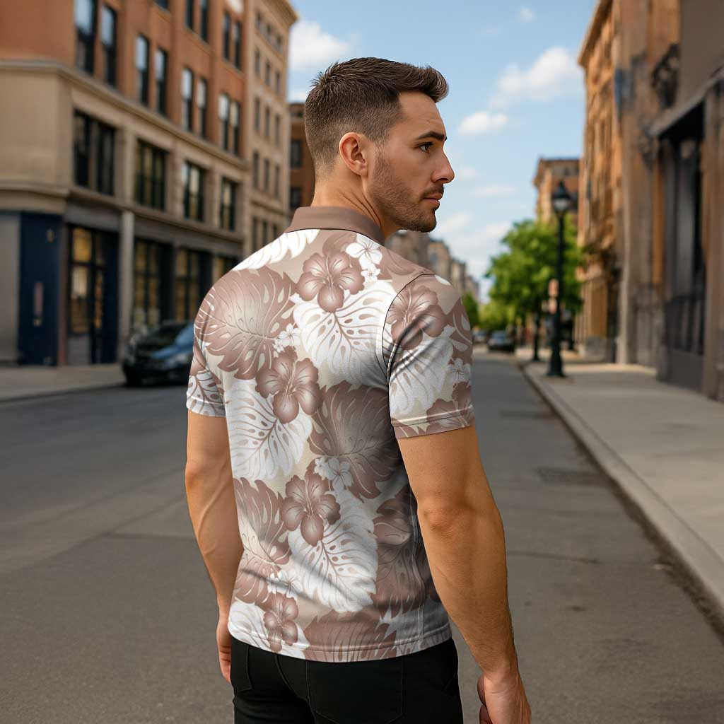 Mocha Mousse Aloha Hawaii Zipper Polo Shirt Monstera Hibiscus Plumeria Seamless Vibes - Polynesian Pride