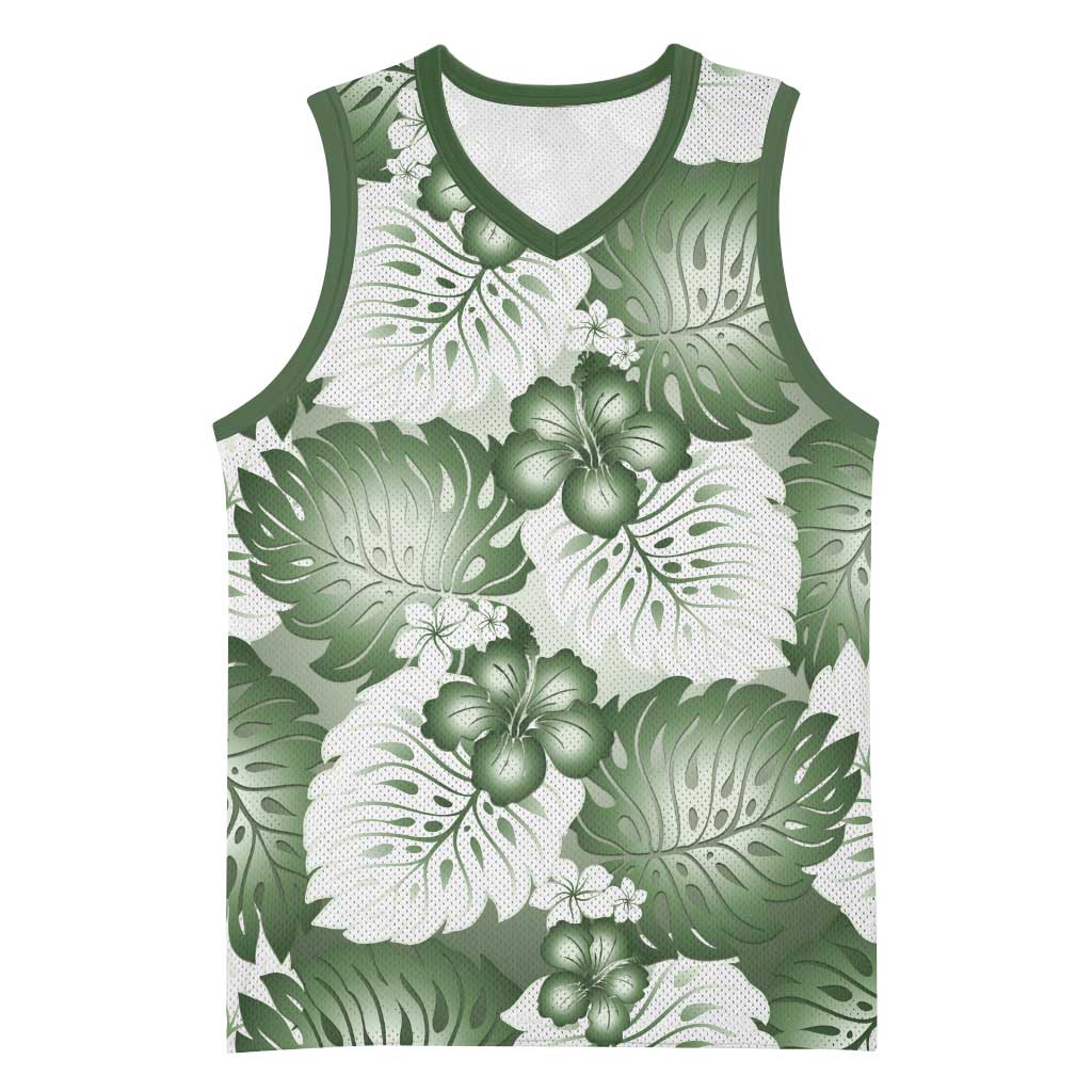Sage Green Aloha Hawaii Basketball Jersey Monstera Hibiscus Plumeria Seamless Vibes - Polynesian Pride