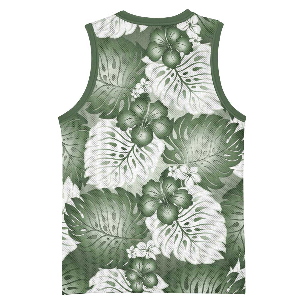 Sage Green Aloha Hawaii Basketball Jersey Monstera Hibiscus Plumeria Seamless Vibes - Polynesian Pride