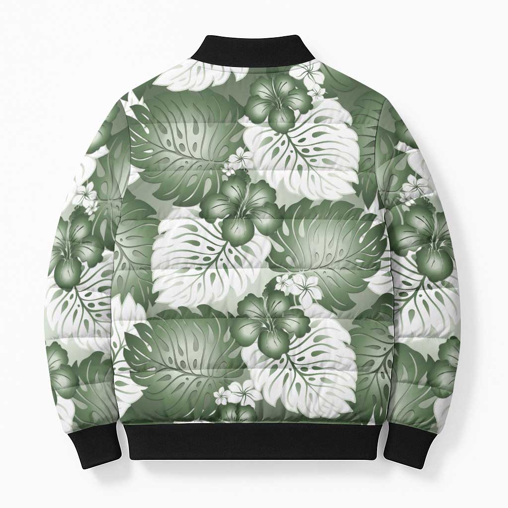 Sage Green Aloha Hawaii Bomber Puffer Jacket Monstera Hibiscus Plumeria Seamless Vibes - Polynesian Pride