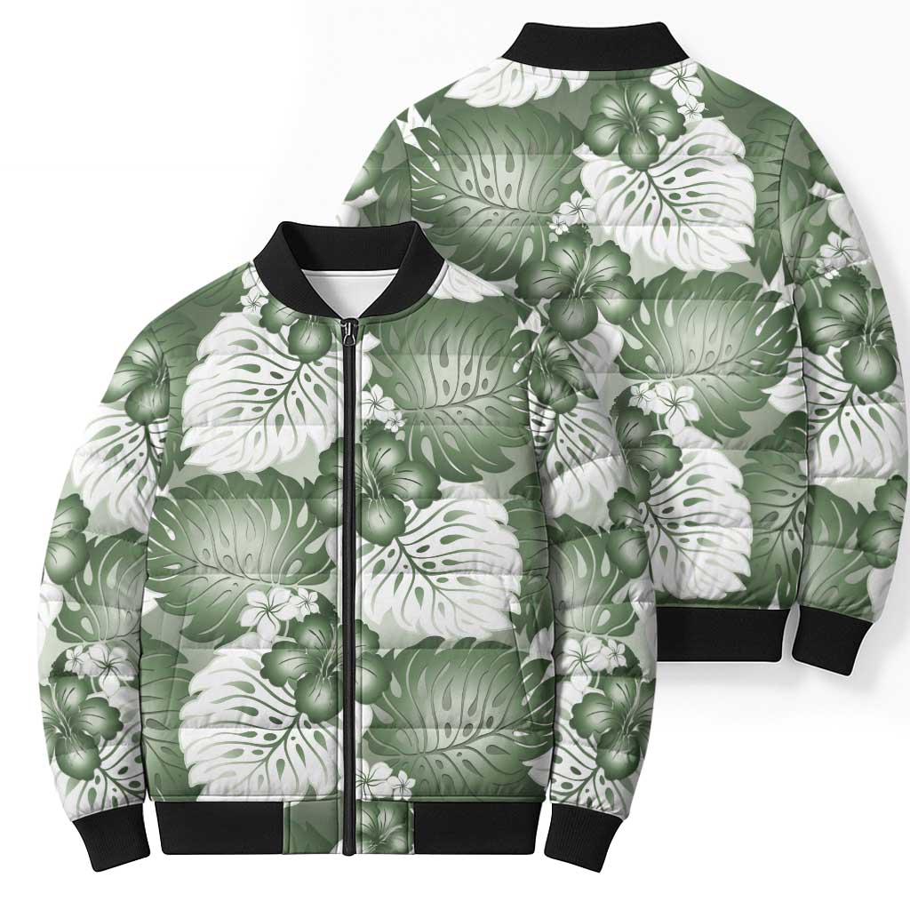 Sage Green Aloha Hawaii Bomber Puffer Jacket Monstera Hibiscus Plumeria Seamless Vibes - Polynesian Pride