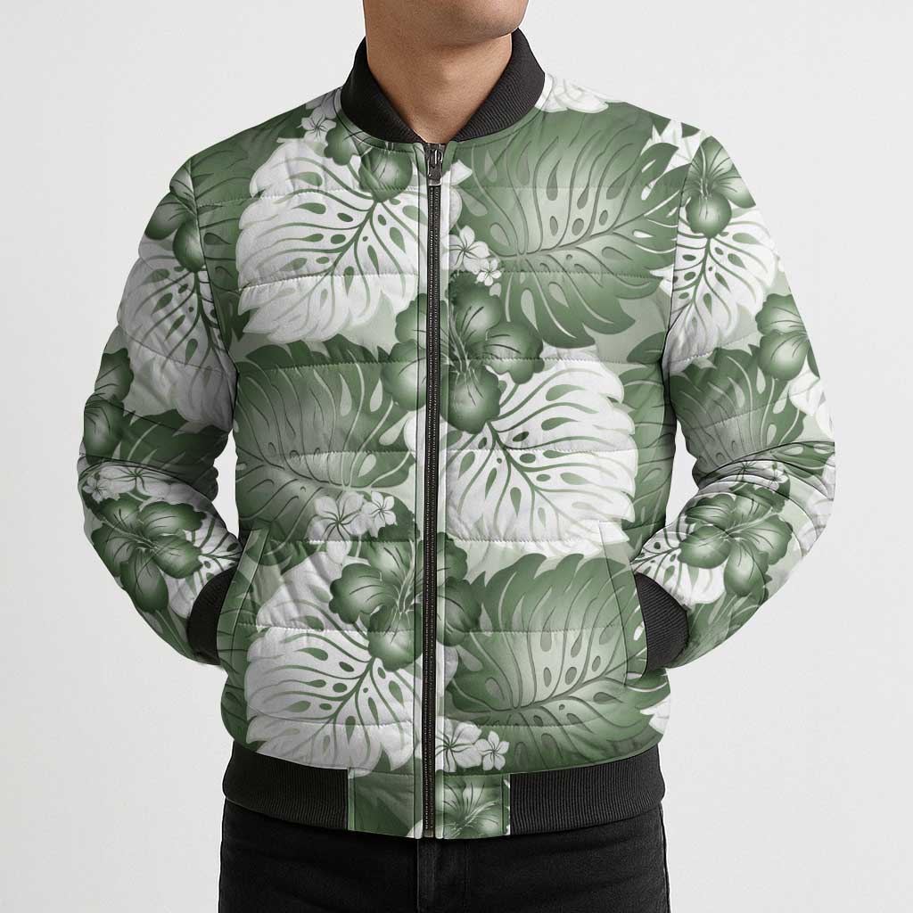 Sage Green Aloha Hawaii Bomber Puffer Jacket Monstera Hibiscus Plumeria Seamless Vibes - Polynesian Pride