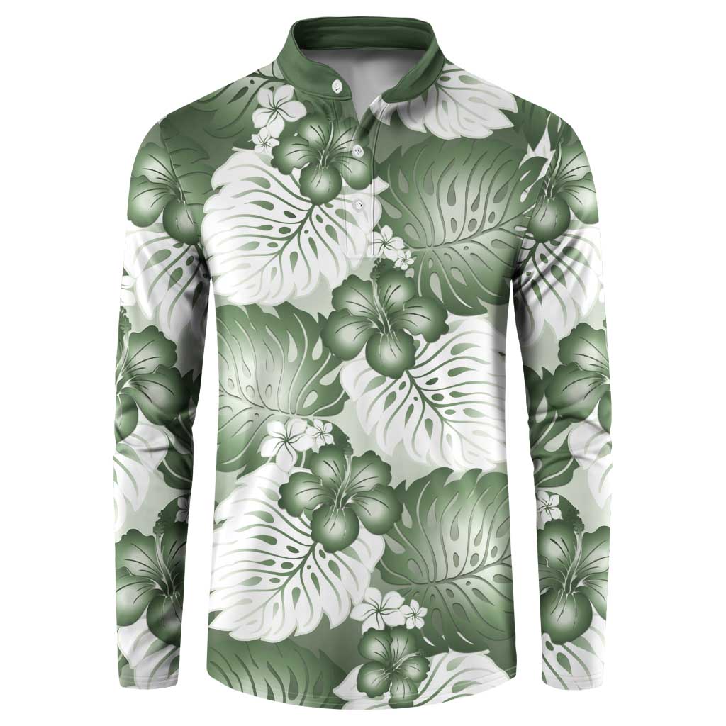 Sage Green Aloha Hawaii Button Sweatshirt Monstera Hibiscus Plumeria Seamless Vibes - Polynesian Pride