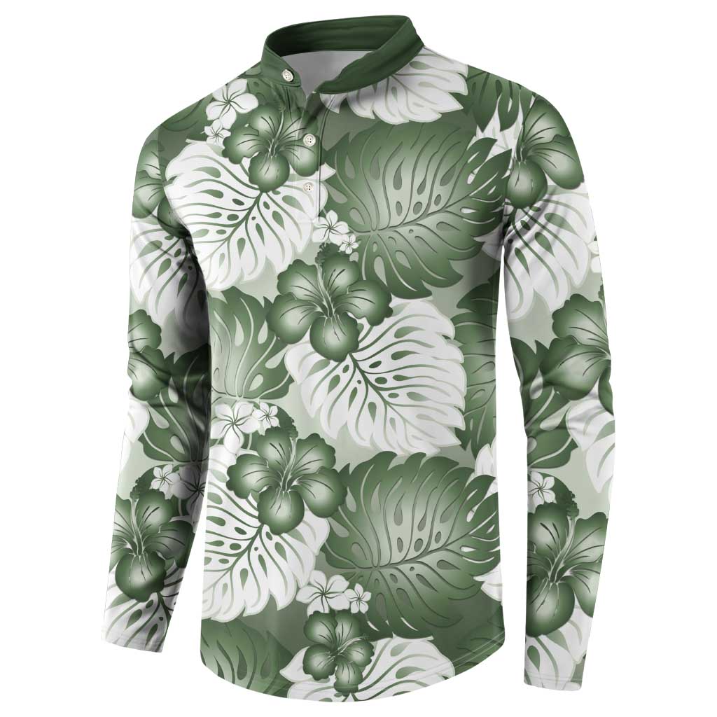 Sage Green Aloha Hawaii Button Sweatshirt Monstera Hibiscus Plumeria Seamless Vibes - Polynesian Pride