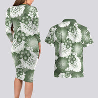 Sage Green Aloha Hawaii Couples Matching Long Sleeve Bodycon Dress and Hawaiian Shirt Monstera Hibiscus Plumeria Seamless Vibes - Polynesian Pride