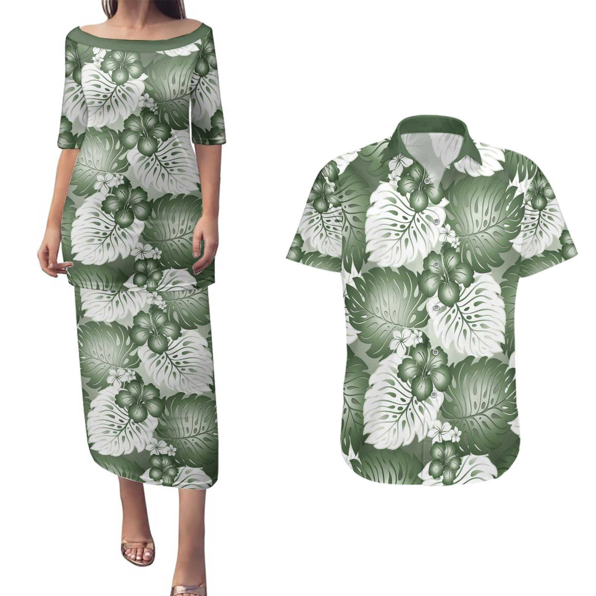 Sage Green Aloha Hawaii Couples Matching Puletasi and Hawaiian Shirt Monstera Hibiscus Plumeria Seamless Vibes - Polynesian Pride