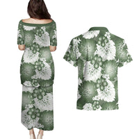 Sage Green Aloha Hawaii Couples Matching Puletasi and Hawaiian Shirt Monstera Hibiscus Plumeria Seamless Vibes - Polynesian Pride