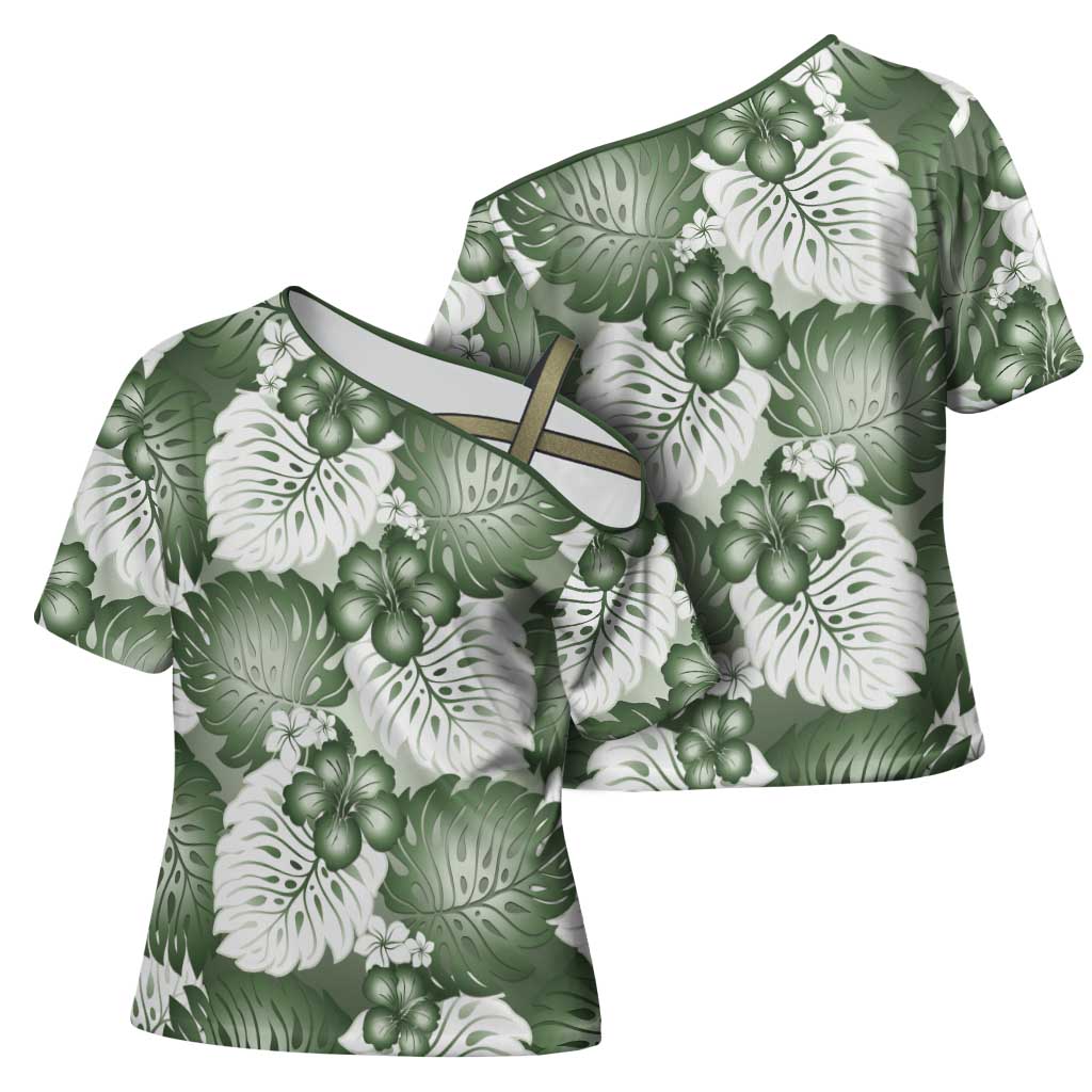 Sage Green Aloha Hawaii Cross Shoulder Shirt Monstera Hibiscus Plumeria Seamless Vibes - Polynesian Pride