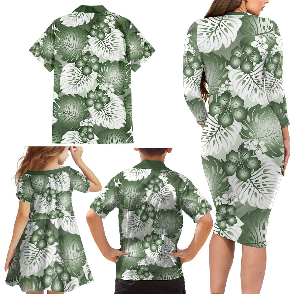 Sage Green Aloha Hawaii Family Matching Long Sleeve Bodycon Dress and Hawaiian Shirt Monstera Hibiscus Plumeria Seamless Vibes LT14 - Polynesian Pride