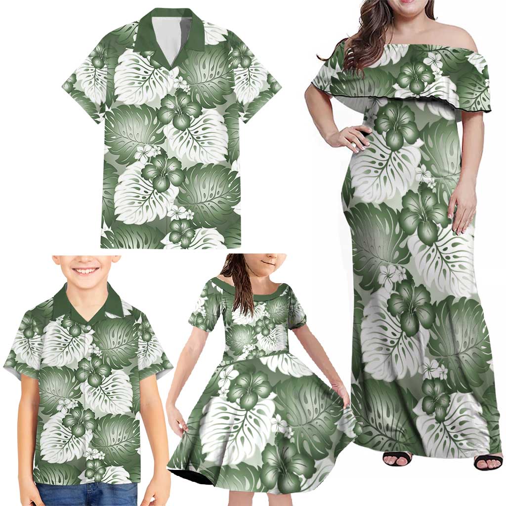 Sage Green Aloha Hawaii Family Matching Off Shoulder Maxi Dress and Hawaiian Shirt Monstera Hibiscus Plumeria Seamless Vibes LT14 - Polynesian Pride