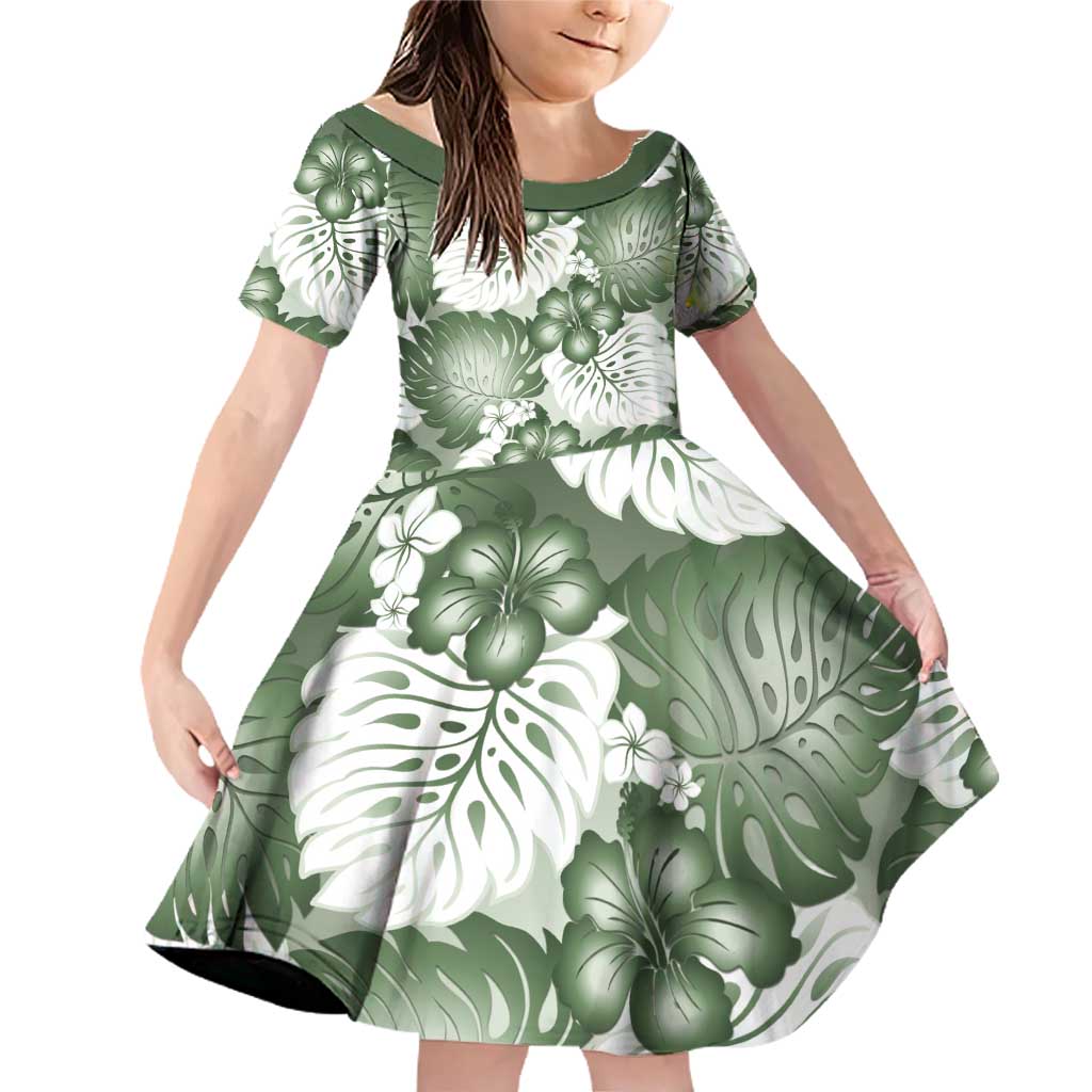 Sage Green Aloha Hawaii Family Matching Off Shoulder Short Dress and Hawaiian Shirt Monstera Hibiscus Plumeria Seamless Vibes LT14 Daughter's Dress Sage Green - Polynesian Pride