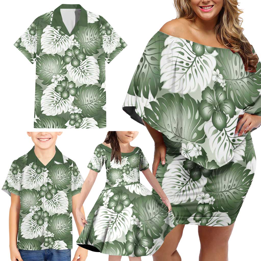 Sage Green Aloha Hawaii Family Matching Off Shoulder Short Dress and Hawaiian Shirt Monstera Hibiscus Plumeria Seamless Vibes LT14 - Polynesian Pride