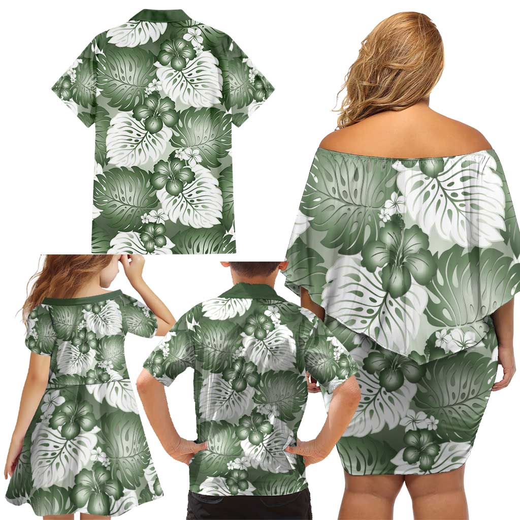 Sage Green Aloha Hawaii Family Matching Off Shoulder Short Dress and Hawaiian Shirt Monstera Hibiscus Plumeria Seamless Vibes LT14 - Polynesian Pride