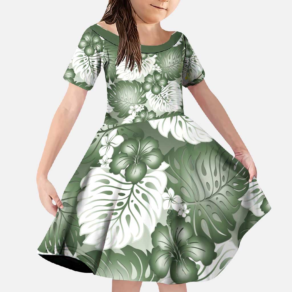 Sage Green Aloha Hawaii Family Matching Short Sleeve Bodycon Dress and Hawaiian Shirt Monstera Hibiscus Plumeria Seamless Vibes LT14 Daughter's Dress Sage Green - Polynesian Pride