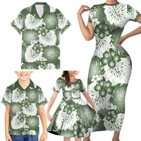 Sage Green Aloha Hawaii Family Matching Short Sleeve Bodycon Dress and Hawaiian Shirt Monstera Hibiscus Plumeria Seamless Vibes LT14 - Polynesian Pride