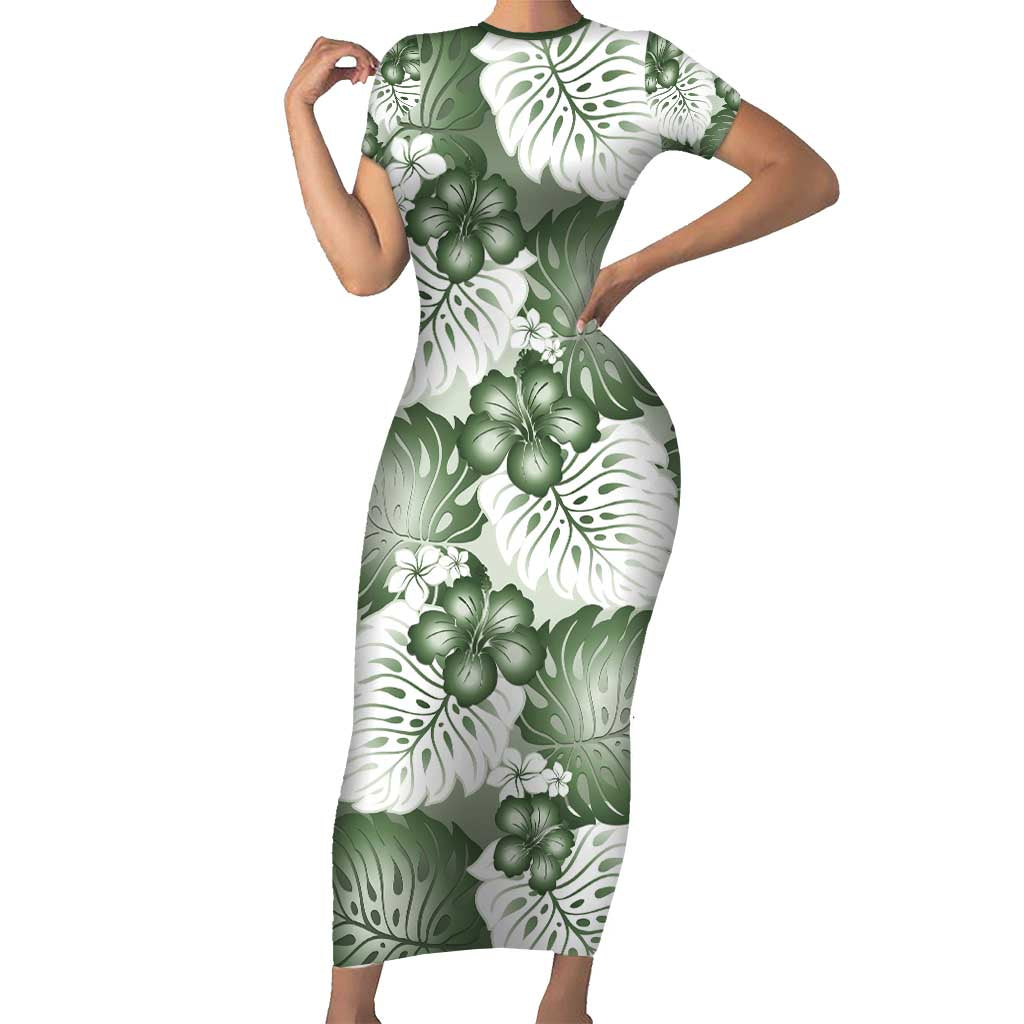 Sage Green Aloha Hawaii Family Matching Short Sleeve Bodycon Dress and Hawaiian Shirt Monstera Hibiscus Plumeria Seamless Vibes LT14 Mom's Dress Sage Green - Polynesian Pride