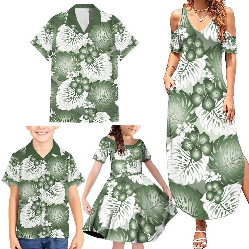 Sage Green Aloha Hawaii Family Matching Summer Maxi Dress and Hawaiian Shirt Monstera Hibiscus Plumeria Seamless Vibes - Polynesian Pride