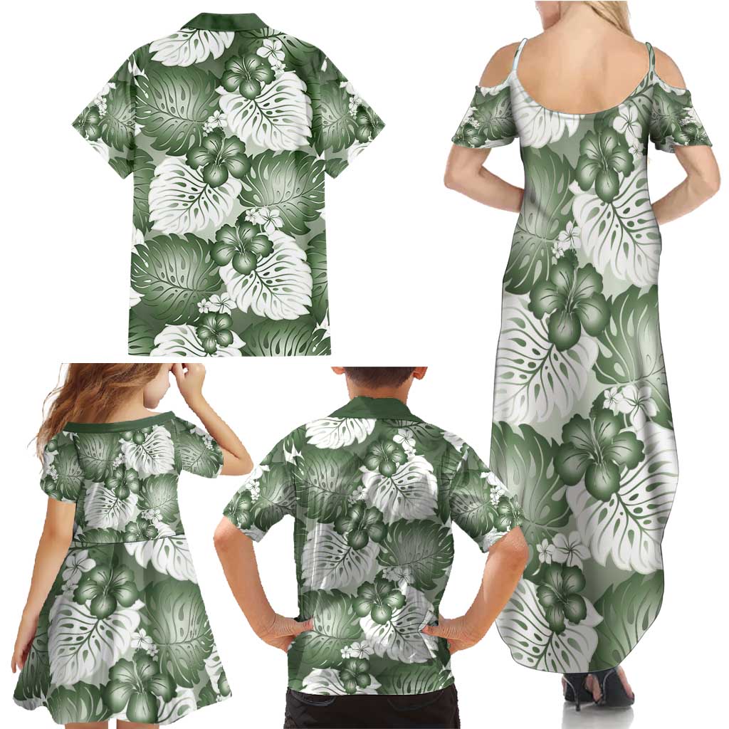 Sage Green Aloha Hawaii Family Matching Summer Maxi Dress and Hawaiian Shirt Monstera Hibiscus Plumeria Seamless Vibes LT14 - Polynesian Pride