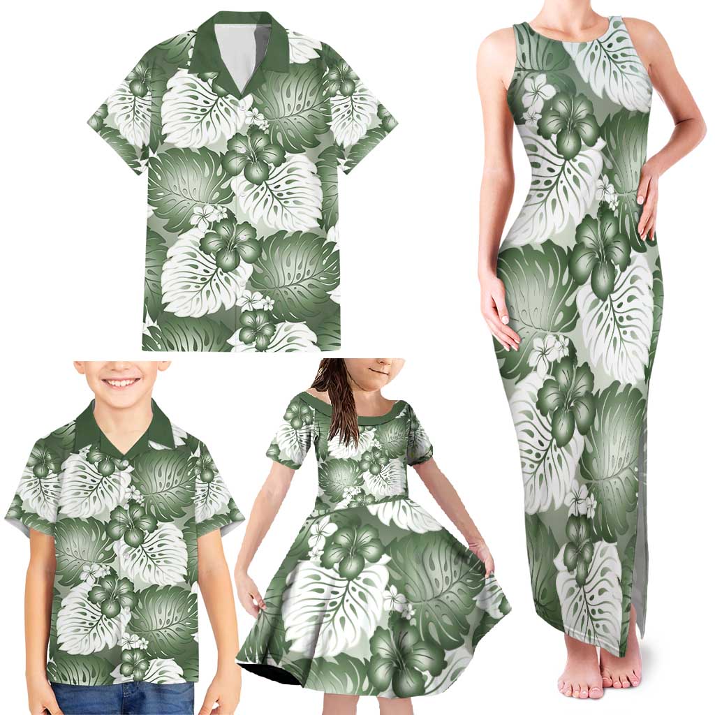 Sage Green Aloha Hawaii Family Matching Tank Maxi Dress and Hawaiian Shirt Monstera Hibiscus Plumeria Seamless Vibes - Polynesian Pride