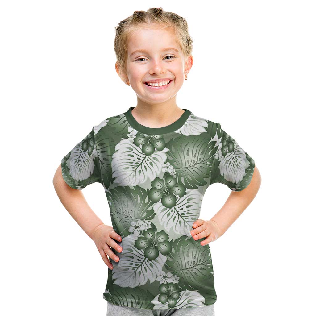 Sage Green Aloha Hawaii Kid T Shirt Monstera Hibiscus Plumeria Seamless Vibes - Polynesian Pride