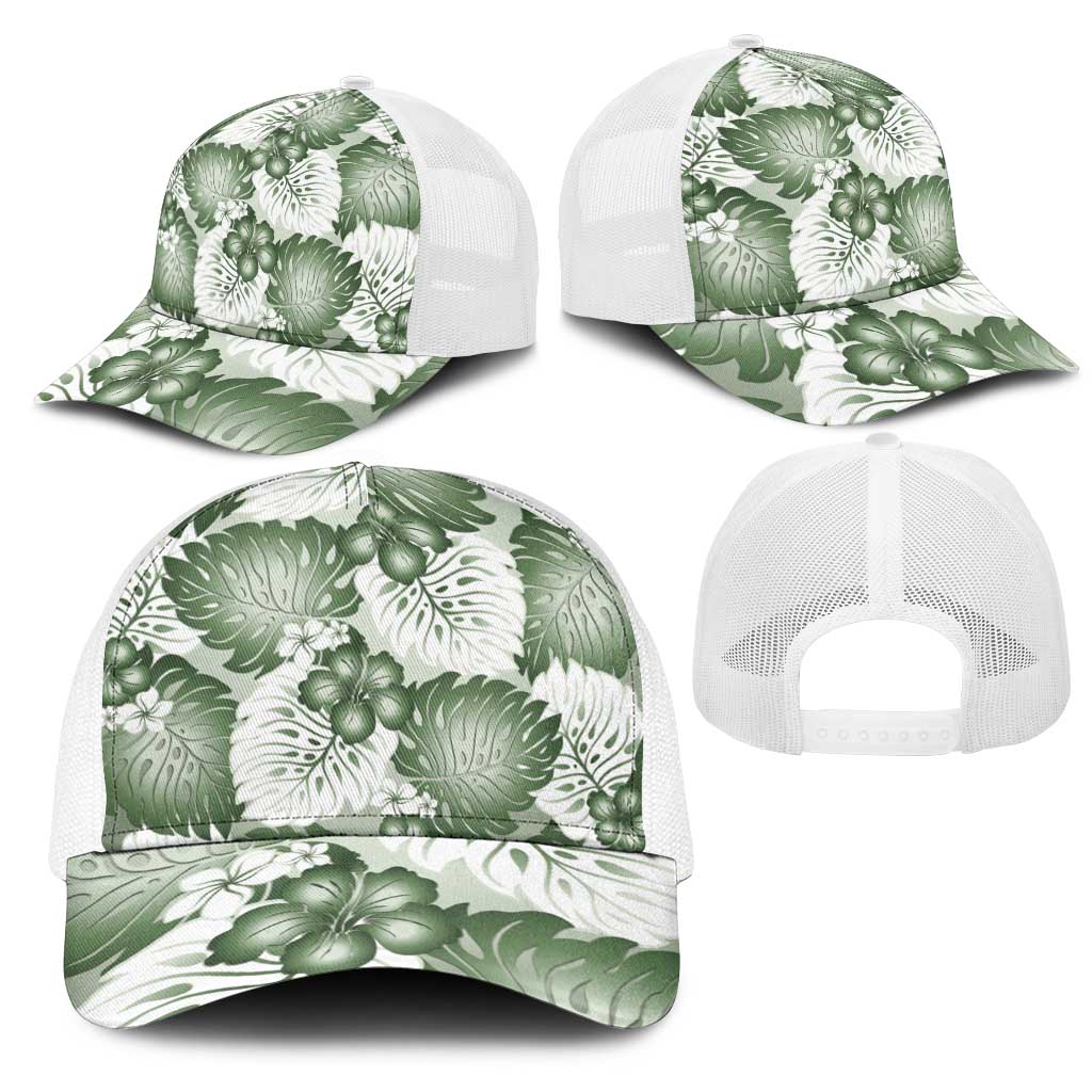 Sage Green Aloha Hawaii Mesh Trucker Cap Monstera Hibiscus Plumeria Seamless Vibes LT14 - Polynesian Pride