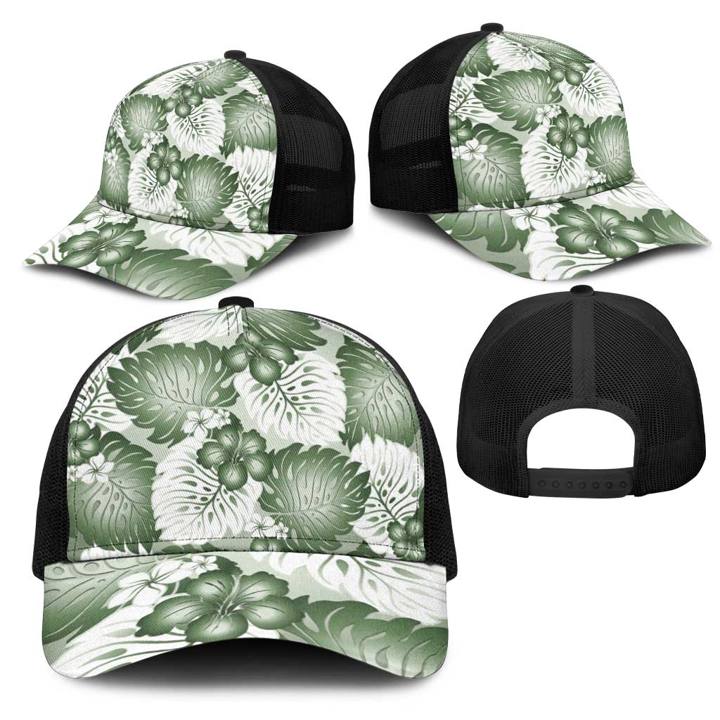 Sage Green Aloha Hawaii Mesh Trucker Cap Monstera Hibiscus Plumeria Seamless Vibes LT14 - Polynesian Pride