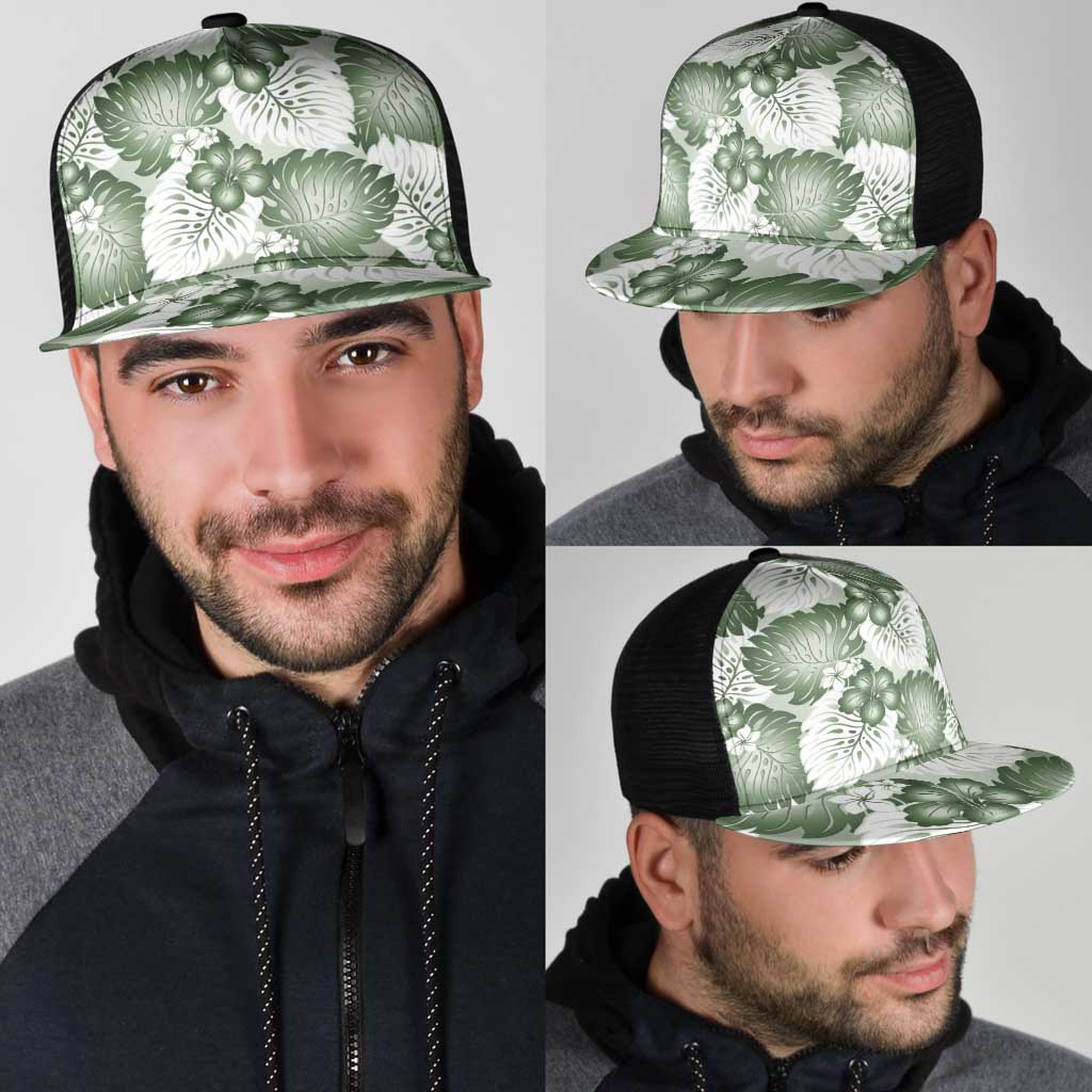 Sage Green Aloha Hawaii Mesh Trucker Cap Monstera Hibiscus Plumeria Seamless Vibes LT14 - Polynesian Pride