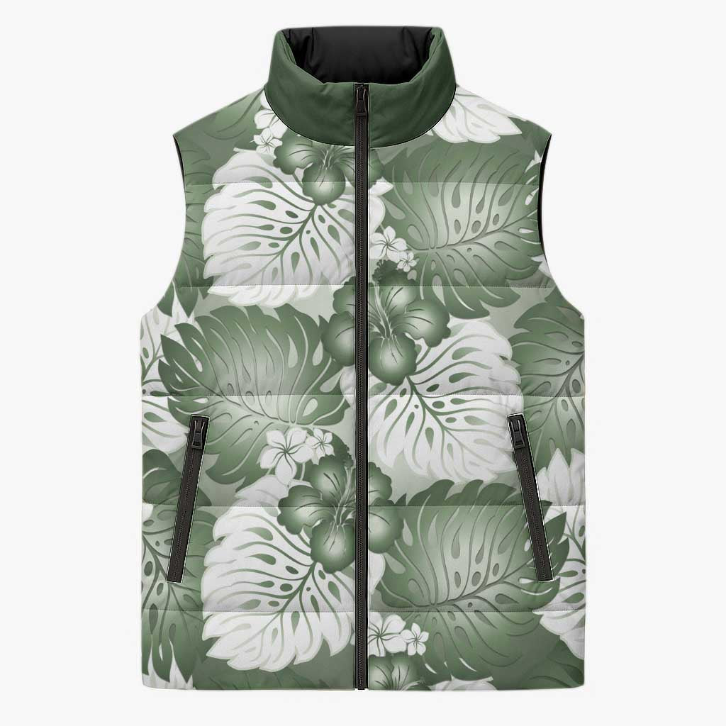 Sage Green Aloha Hawaii Sleeveless Puffer Jacket Monstera Hibiscus Plumeria Seamless Vibes - Polynesian Pride