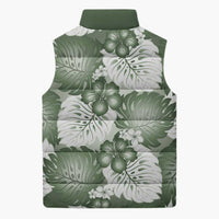 Sage Green Aloha Hawaii Sleeveless Puffer Jacket Monstera Hibiscus Plumeria Seamless Vibes - Polynesian Pride