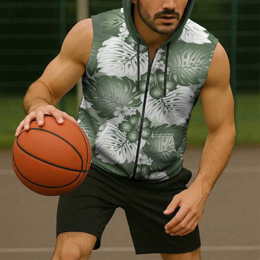 Sage Green Aloha Hawaii Sleeveless Zip Hoodie Monstera Hibiscus Plumeria Seamless Vibes - Polynesian Pride