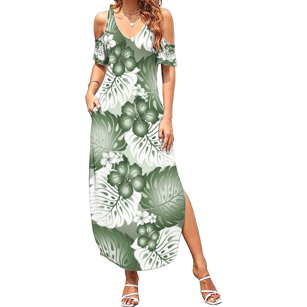 Sage Green Aloha Hawaii Summer Maxi Dress Monstera Hibiscus Plumeria Seamless Vibes LT14 Women Sage Green - Polynesian Pride