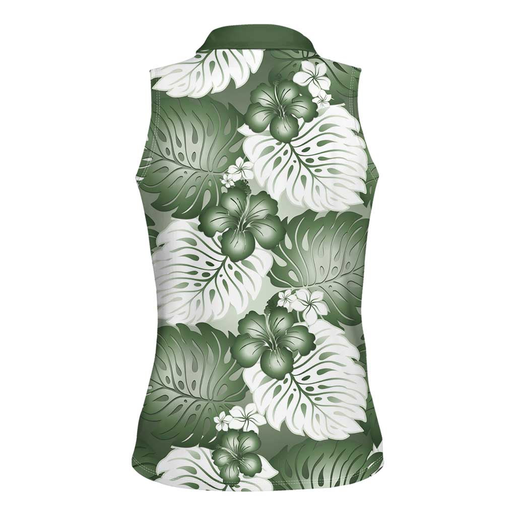 Sage Green Aloha Hawaii Women Sleeveless Polo Shirt Monstera Hibiscus Plumeria Seamless Vibes LT14 - Polynesian Pride
