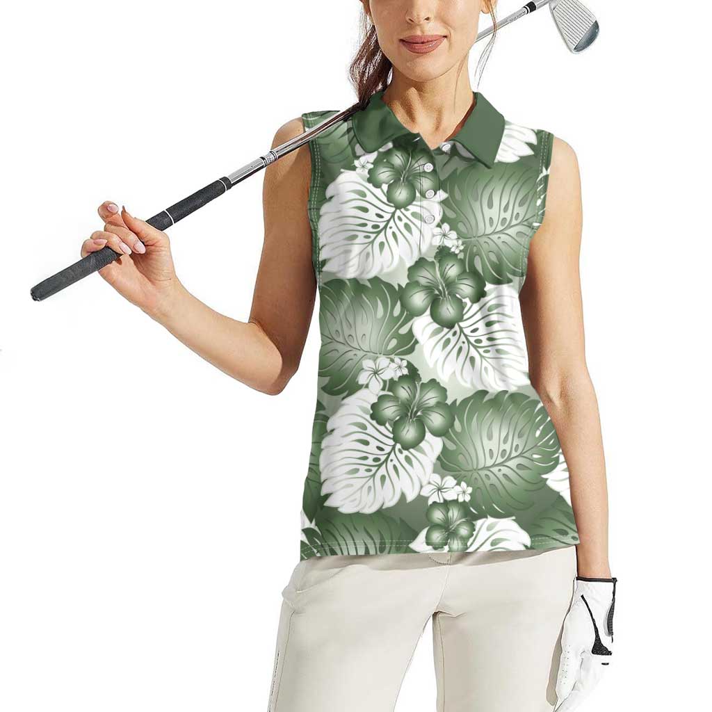Sage Green Aloha Hawaii Women Sleeveless Polo Shirt Monstera Hibiscus Plumeria Seamless Vibes LT14 - Polynesian Pride