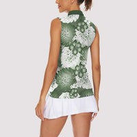 Sage Green Aloha Hawaii Women Sleeveless Polo Shirt Monstera Hibiscus Plumeria Seamless Vibes LT14 - Polynesian Pride