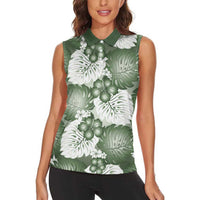 Sage Green Aloha Hawaii Women Sleeveless Polo Shirt Monstera Hibiscus Plumeria Seamless Vibes LT14 - Polynesian Pride