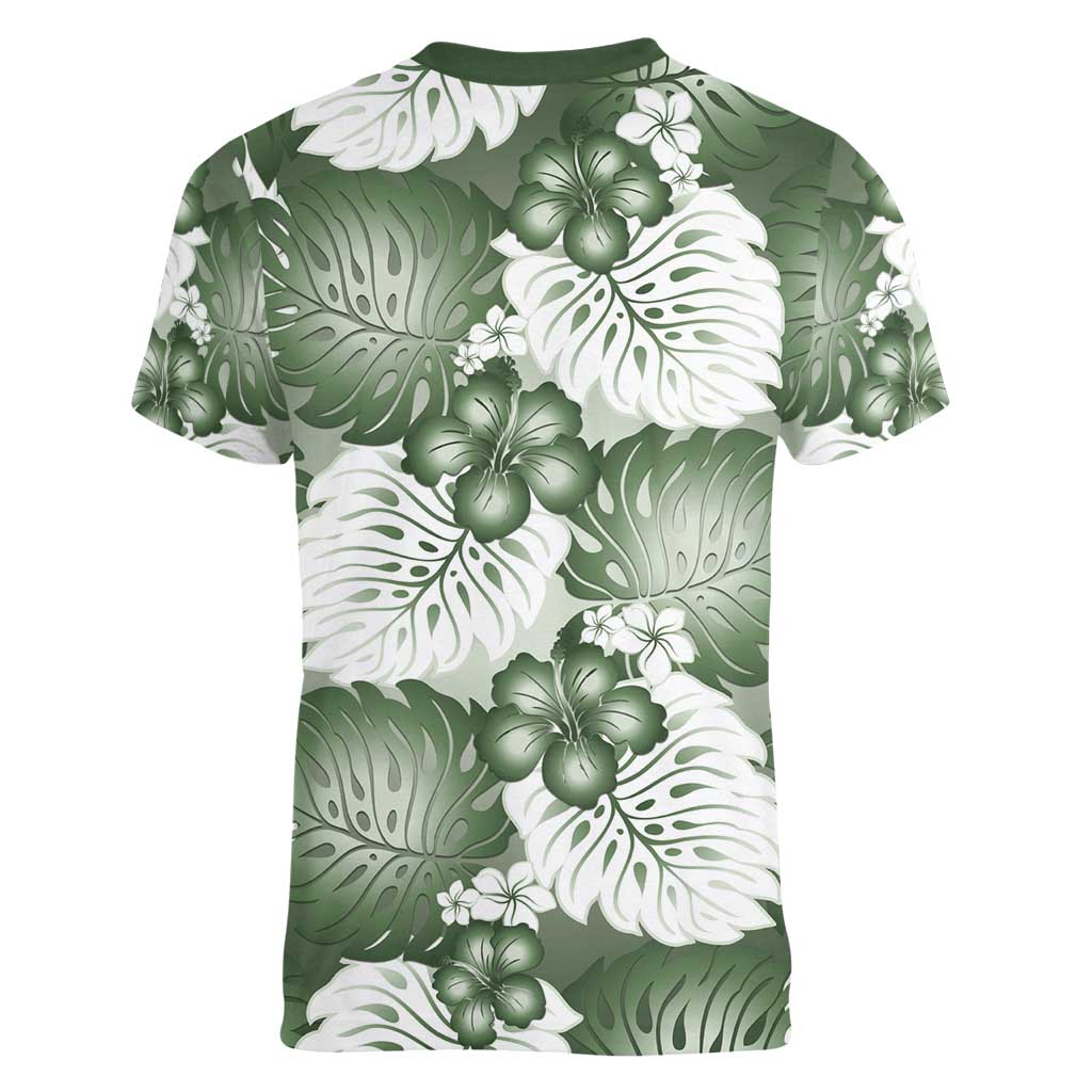 Sage Green Aloha Hawaii Women V-Neck T-Shirt Monstera Hibiscus Plumeria Seamless Vibes - Polynesian Pride