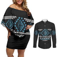 Aotearoa Atua Ranginui Personalised Couples Matching Off Shoulder Short Dress and Long Sleeve Button Shirt Maori Sky Father Taniko Motifs LT14 Blue - Polynesian Pride