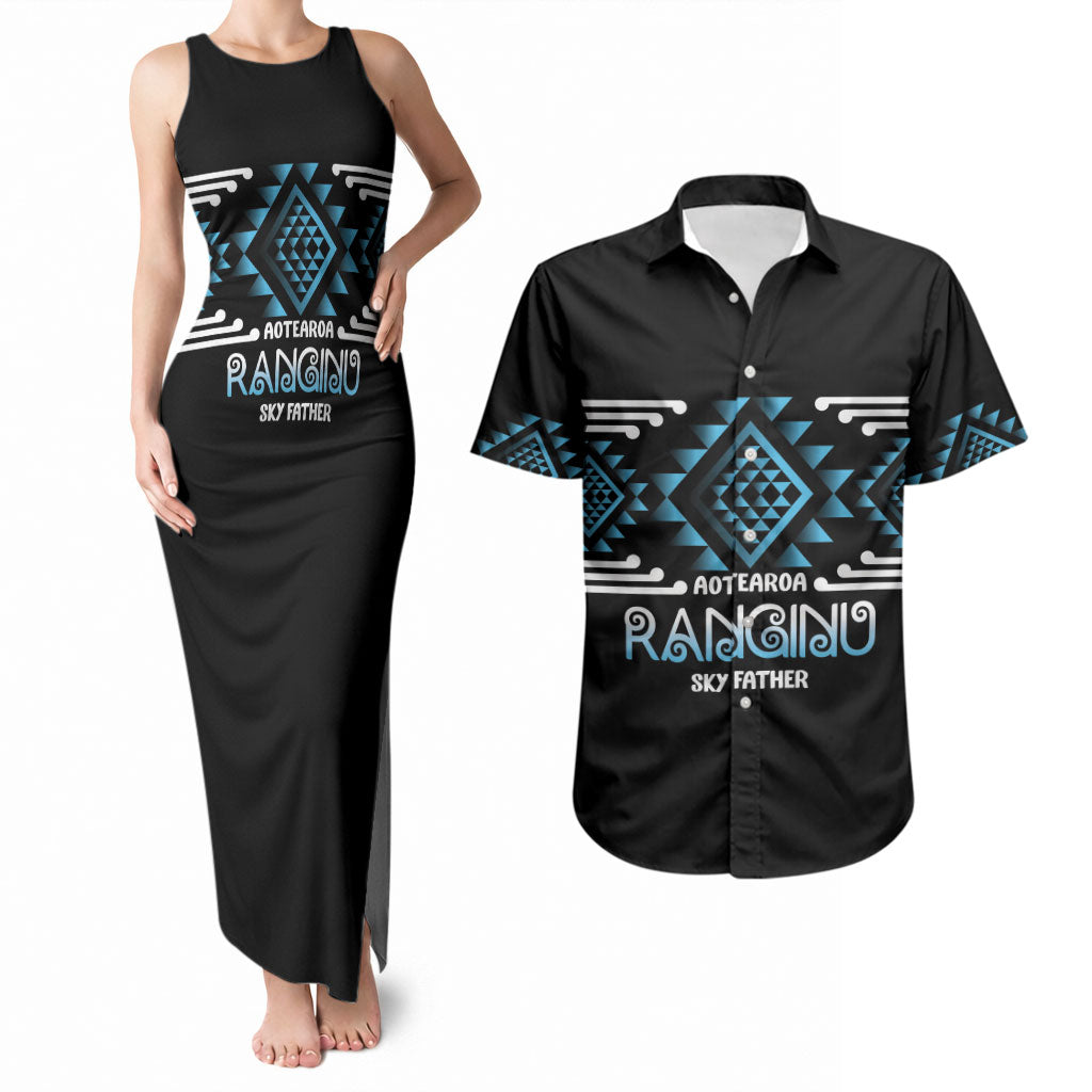 Aotearoa Atua Ranginui Personalised Couples Matching Tank Maxi Dress and Hawaiian Shirt Maori Sky Father Taniko Motifs LT14 Blue - Polynesian Pride