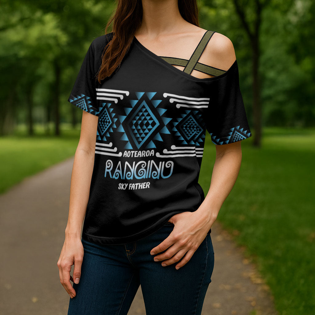 Aotearoa Atua Ranginui Personalised Cross Shoulder Shirt Maori Sky Father Taniko Motifs LT14 - Polynesian Pride