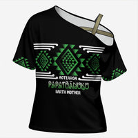 Aotearoa Atua Papatuanuku Personalised Cross Shoulder Shirt Maori Earth Mother Taniko Motifs LT14 Female Green - Polynesian Pride
