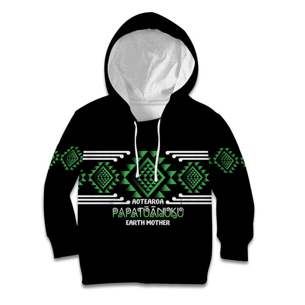 Aotearoa Atua Papatuanuku Personalised Kid Hoodie Maori Earth Mother Taniko Motifs LT14 Hoodie Green - Polynesian Pride