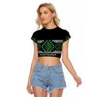 Aotearoa Atua Papatuanuku Personalised Raglan Cropped T Shirt Maori Earth Mother Taniko Motifs LT14 Female Green - Polynesian Pride