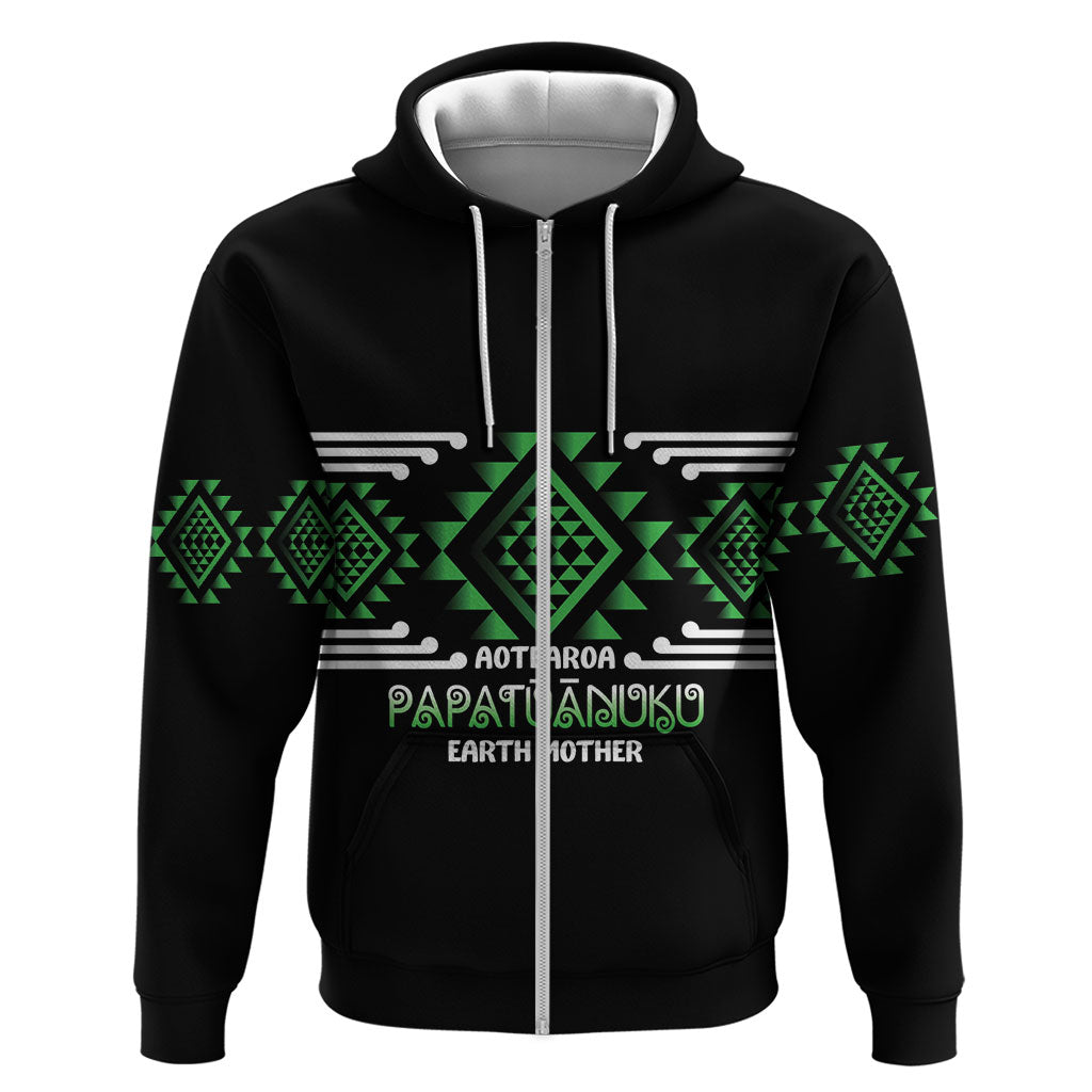 Aotearoa Atua Papatuanuku Personalised Zip Hoodie Maori Earth Mother Taniko Motifs LT14 Zip Hoodie Green - Polynesian Pride