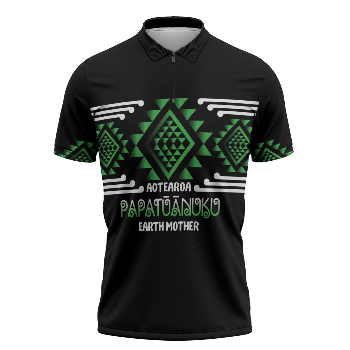 Aotearoa Atua Papatuanuku Personalised Zipper Polo Shirt Maori Earth Mother Taniko Motifs LT14 Green - Polynesian Pride