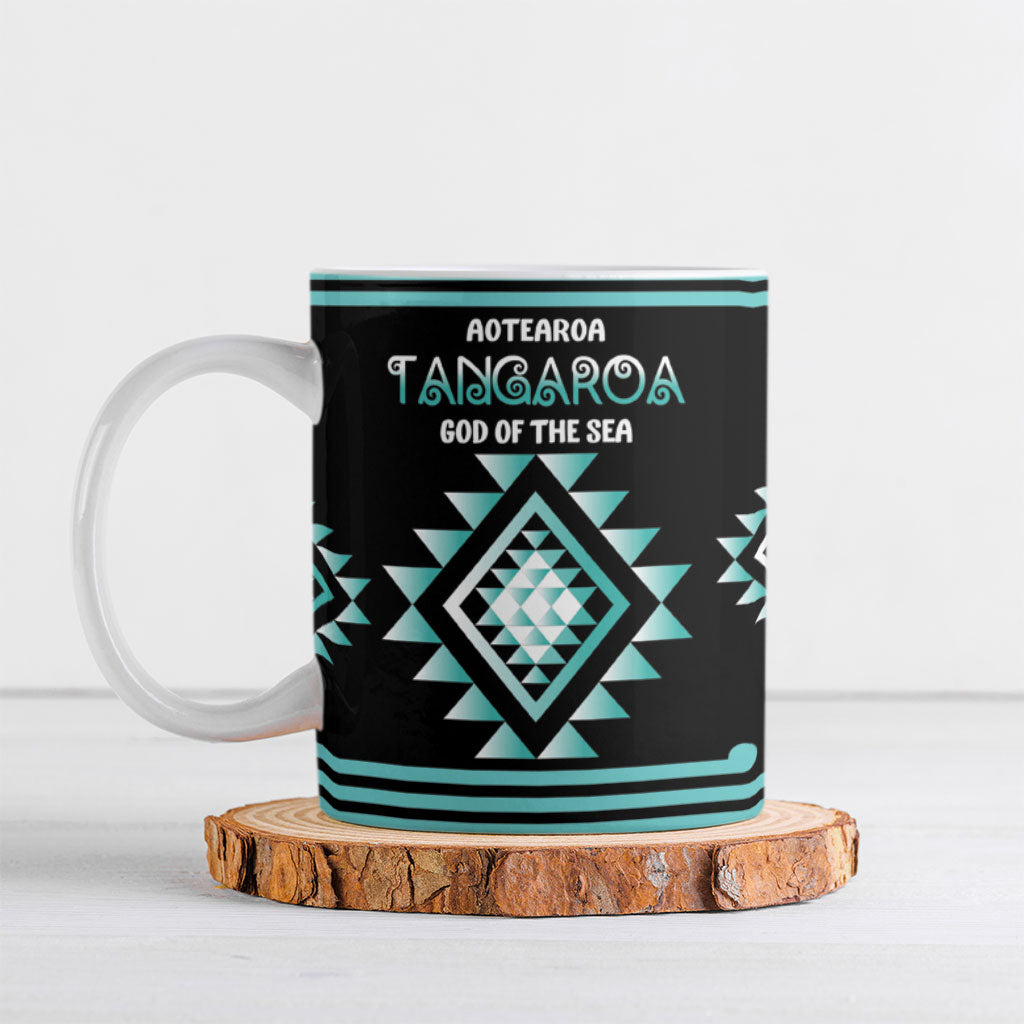 Aotearoa Atua Tangaroa Personalised Ceramic Mug Maori God Of The Sea Taniko Motifs LT14 Turquoise - Polynesian Pride