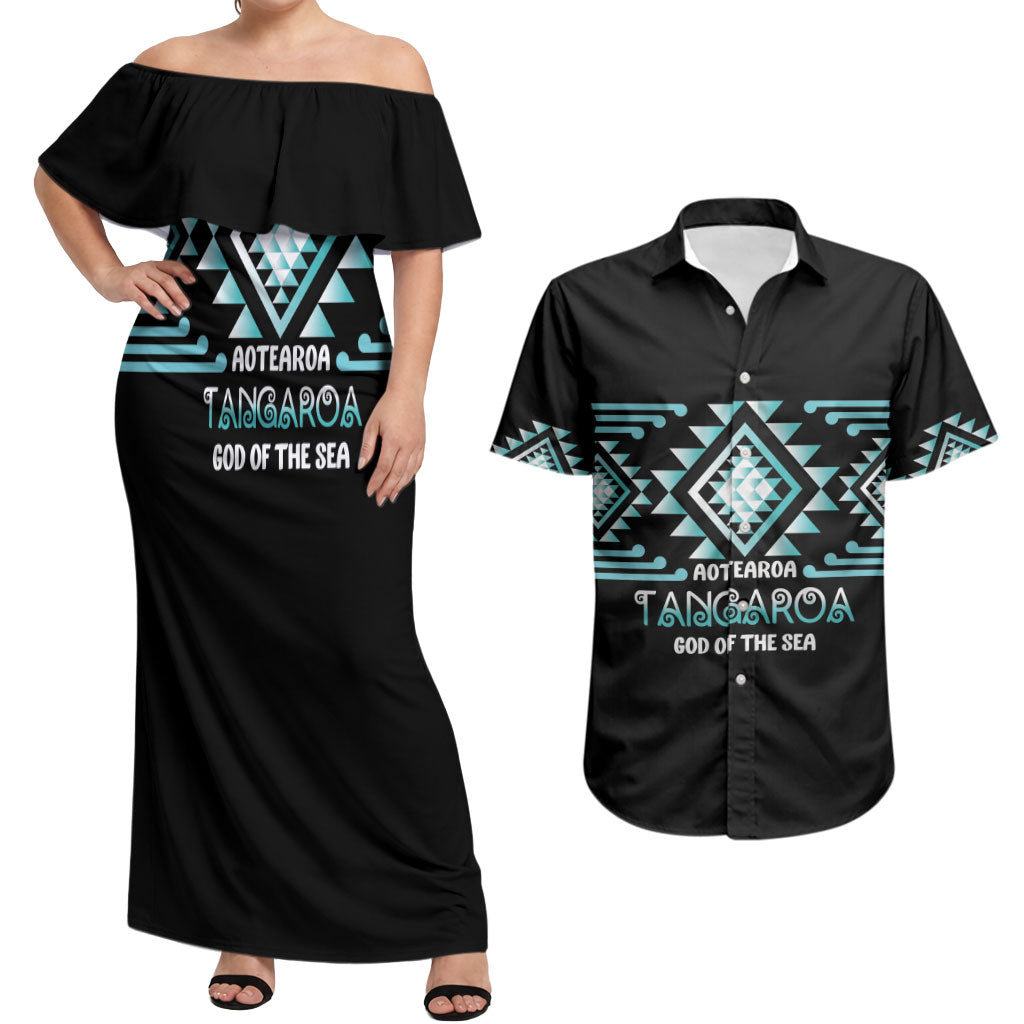 Aotearoa Atua Tangaroa Personalised Couples Matching Off Shoulder Maxi Dress and Hawaiian Shirt Maori God Of The Sea Taniko Motifs LT14 Turquoise - Polynesian Pride