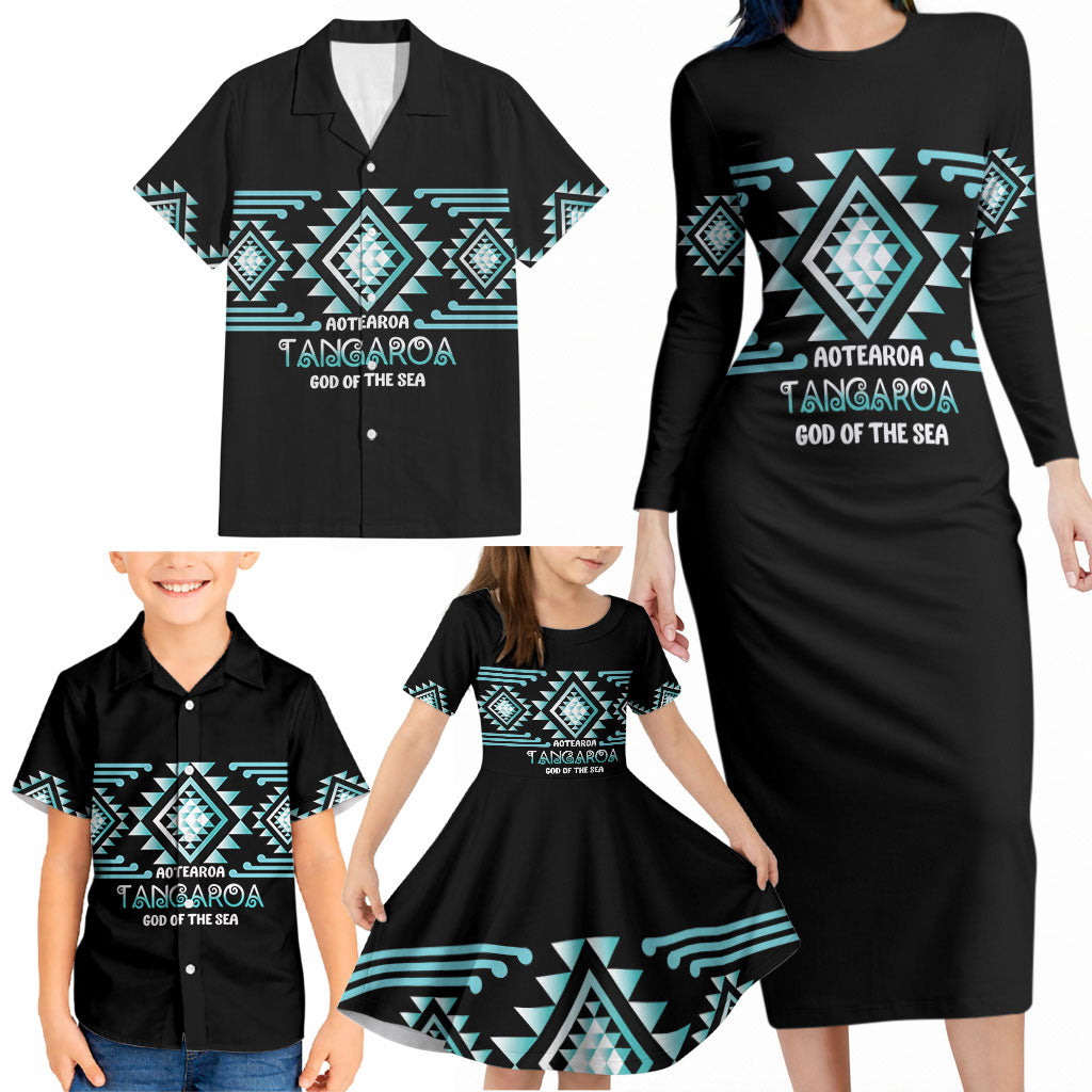 Aotearoa Atua Tangaroa Personalised Family Matching Long Sleeve Bodycon Dress and Hawaiian Shirt Maori God Of The Sea Taniko Motifs LT14 - Polynesian Pride
