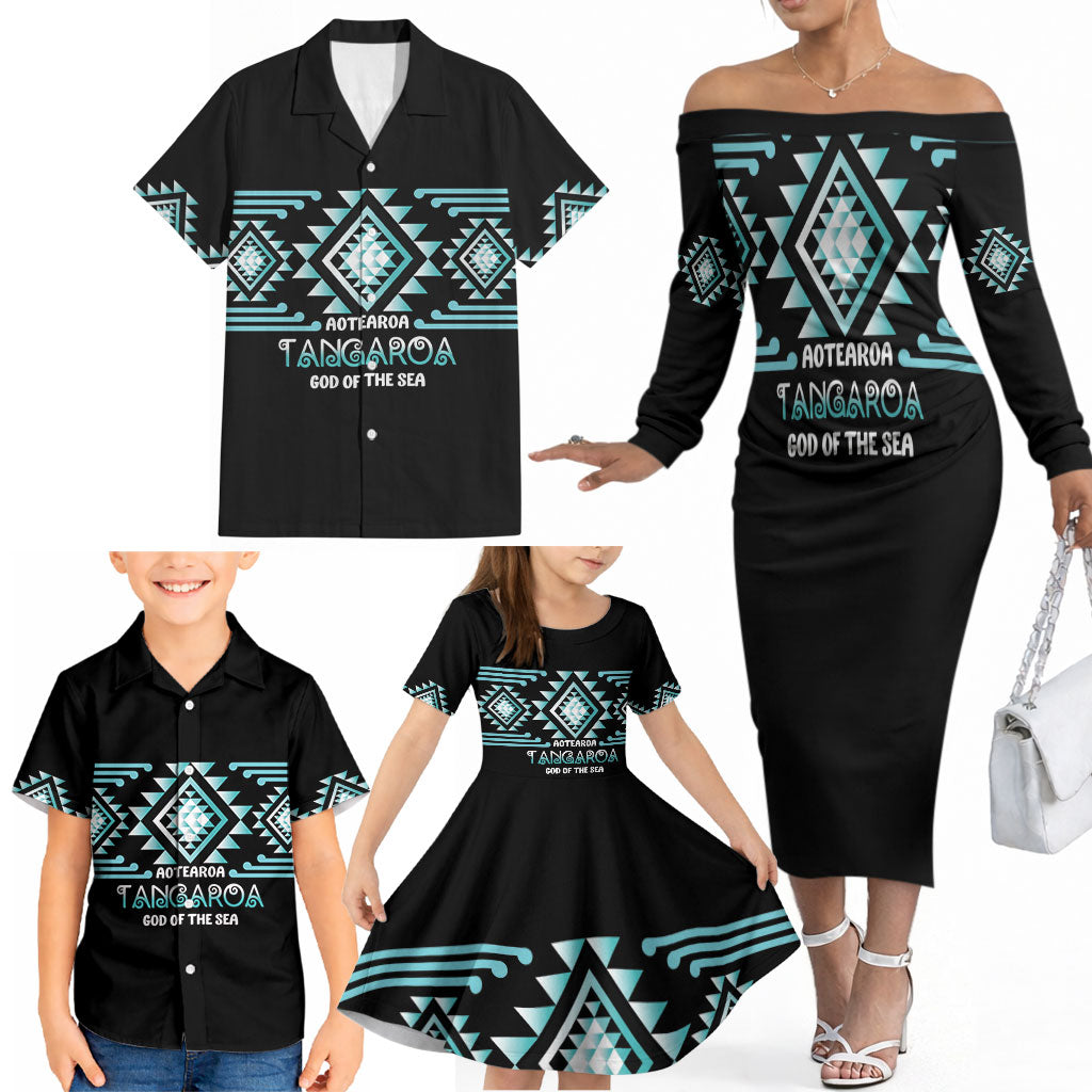 Aotearoa Atua Tangaroa Personalised Family Matching Off The Shoulder Long Sleeve Dress and Hawaiian Shirt Maori God Of The Sea Taniko Motifs LT14 - Polynesian Pride